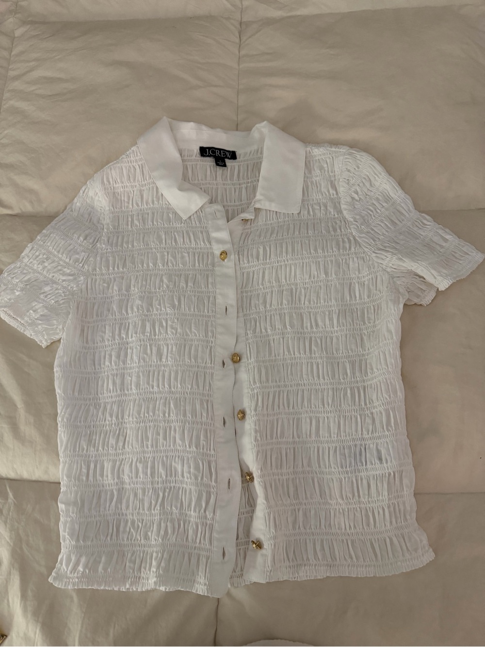 J. Crew White Short-Sleeve Textured Button-Down with Gold Buttons